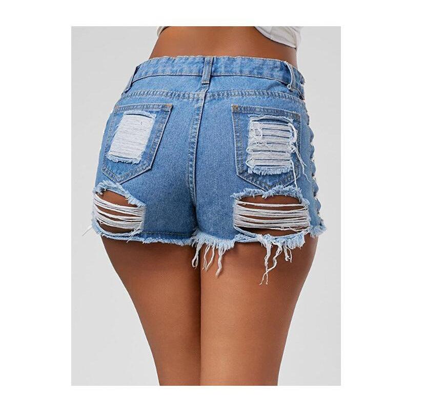 T-BOO High Waisted Women Vintage Ripped Hole Fringe Denim Shorts Lace Up Casual Pocket Jeans Shorts Hot Shorts