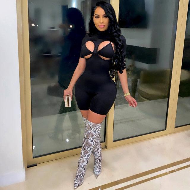 Women Summer Rompers Shorts Sleeve Turtleneck Sheer Cut Out Biker Playsuit One Piece Jumpsuit with Bra Outfits