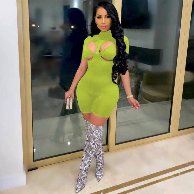 Women Summer Rompers Shorts Sleeve Turtleneck Sheer Cut Out Biker Playsuit One Piece Jumpsuit with Bra Outfits