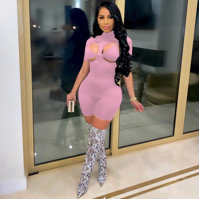 Women Summer Rompers Shorts Sleeve Turtleneck Sheer Cut Out Biker Playsuit One Piece Jumpsuit with Bra Outfits