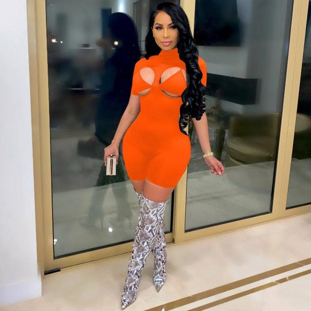 Women Summer Rompers Shorts Sleeve Turtleneck Sheer Cut Out Biker Playsuit One Piece Jumpsuit with Bra Outfits