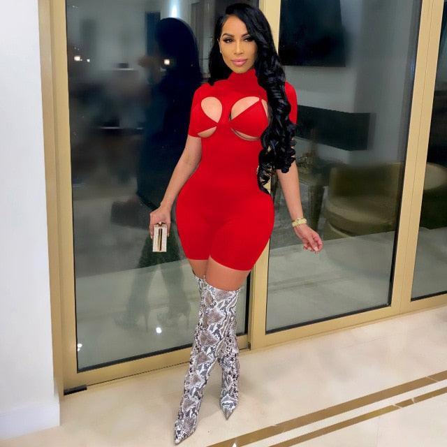 Women Summer Rompers Shorts Sleeve Turtleneck Sheer Cut Out Biker Playsuit One Piece Jumpsuit with Bra Outfits