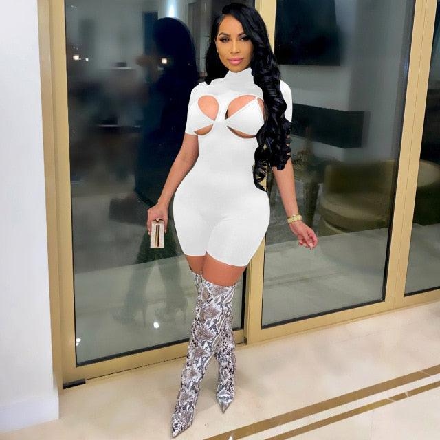 Women Summer Rompers Shorts Sleeve Turtleneck Sheer Cut Out Biker Playsuit One Piece Jumpsuit with Bra Outfits