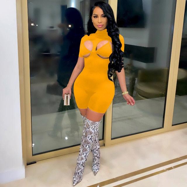 Women Summer Rompers Shorts Sleeve Turtleneck Sheer Cut Out Biker Playsuit One Piece Jumpsuit with Bra Outfits