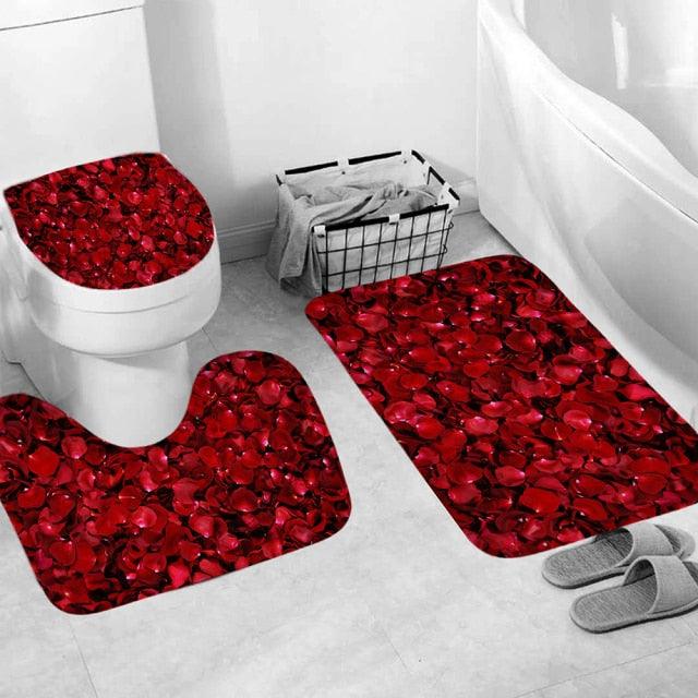 Red Bathroom Shower Curtain Set Rose Petals Pedestal Rug Flannel Toilet Cover Fabric Bath Mats Rugs Home Decor