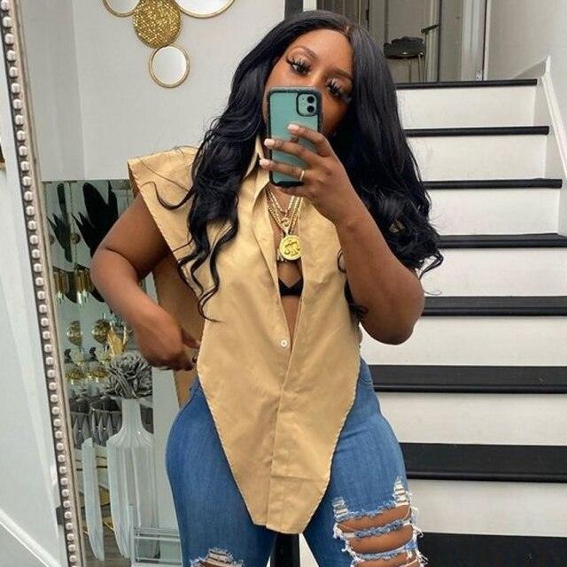 Women Sleeveless Deep V Neck Shirt Fashion Street Style Buttons Up Shirt Sexy Summer Tops Solid Color Irregular Hem Loose Blouse