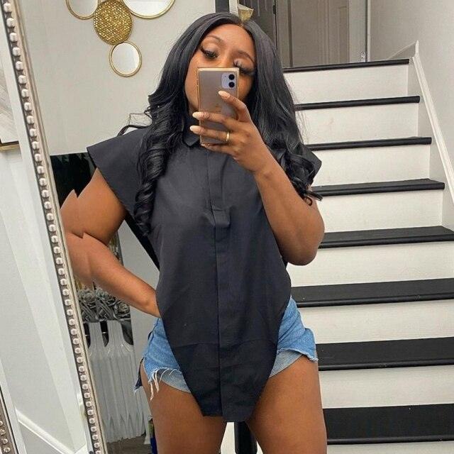 Women Sleeveless Deep V Neck Shirt Fashion Street Style Buttons Up Shirt Sexy Summer Tops Solid Color Irregular Hem Loose Blouse