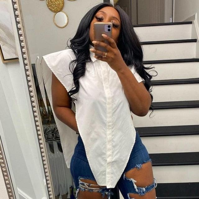 Women Sleeveless Deep V Neck Shirt Fashion Street Style Buttons Up Shirt Sexy Summer Tops Solid Color Irregular Hem Loose Blouse