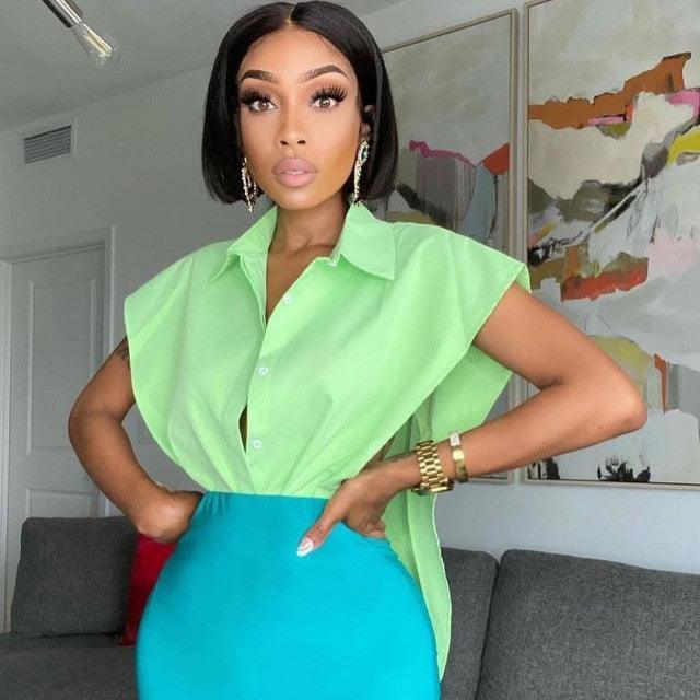 Women Sleeveless Deep V Neck Shirt Fashion Street Style Buttons Up Shirt Sexy Summer Tops Solid Color Irregular Hem Loose Blouse