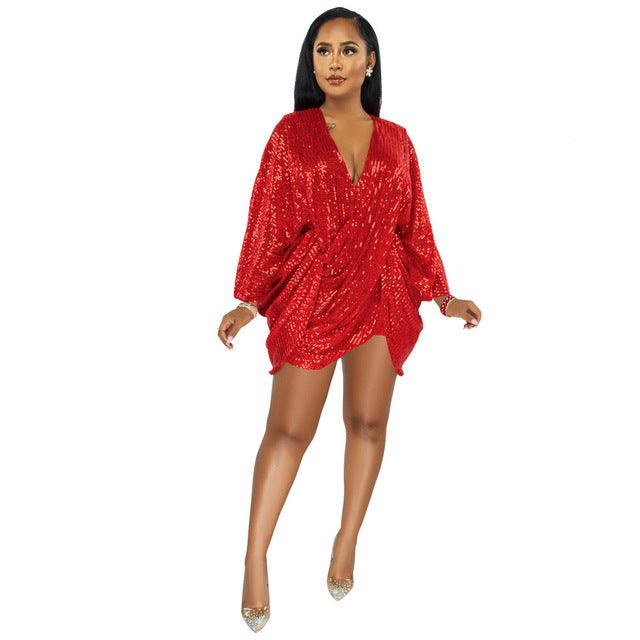 Sexy Draped Sequin Party Dress Elegant V-neck Long Sleeve Loose Mini Vestidos
