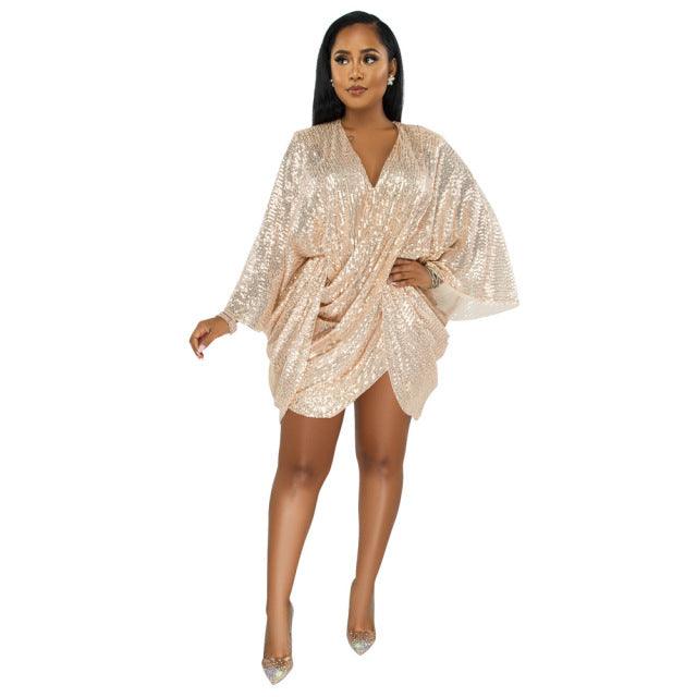 Sexy Draped Sequin Party Dress Elegant V-neck Long Sleeve Loose Mini Vestidos