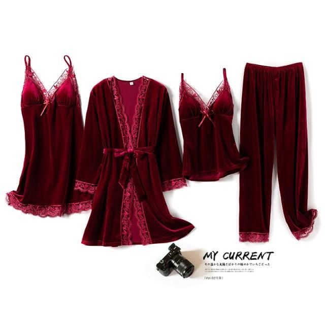 Women Sexy Pajamas Set Velvet 4 Piece Gown Warm Robe Sleepwear Woman Pajamas Set