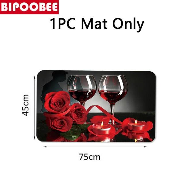 Red Rose Wine Romantic Shower Curtain Set Toilet Lid Cover and Bath Mat Valentine&