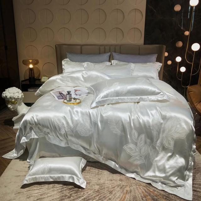Luxury Satin Bedding Premium Silky Jacquard Floral Leaves Duvet Cover with Zipper closure ultra soft comfor bed sheet pillowcase