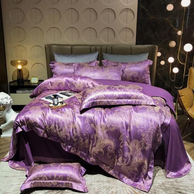 Luxury Satin Bedding Premium Silky Jacquard Floral Leaves Duvet Cover with Zipper closure ultra soft comfor bed sheet pillowcase