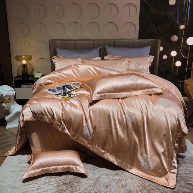 Luxury Satin Bedding Premium Silky Jacquard Floral Leaves Duvet Cover with Zipper closure ultra soft comfor bed sheet pillowcase