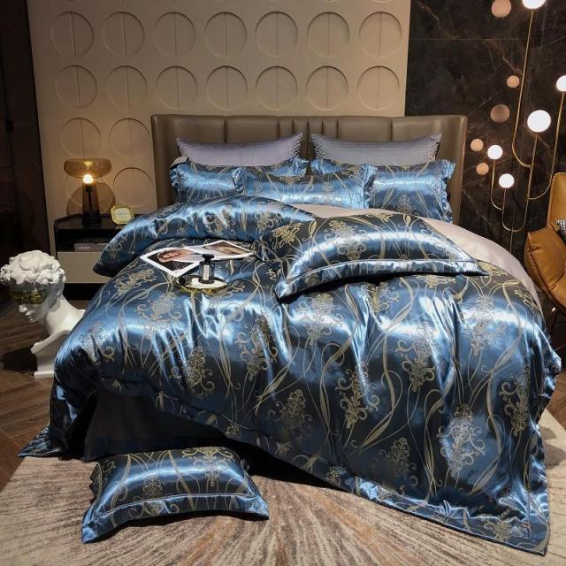 Luxury Satin Bedding Premium Silky Jacquard Floral Leaves Duvet Cover with Zipper closure ultra soft comfor bed sheet pillowcase