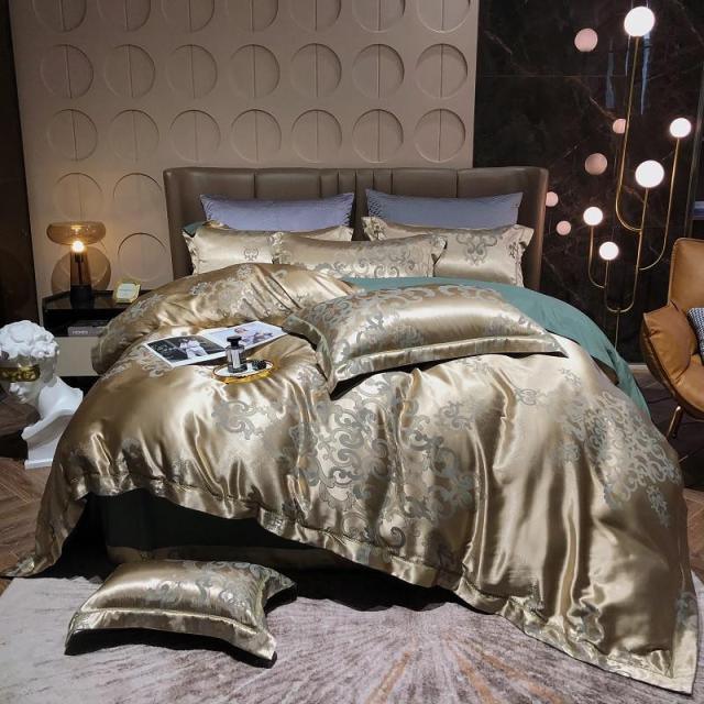 Luxury Satin Bedding Premium Silky Jacquard Floral Leaves Duvet Cover with Zipper closure ultra soft comfor bed sheet pillowcase