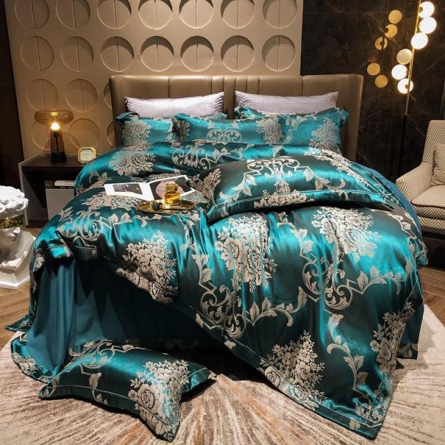 Luxury Satin Bedding Premium Silky Jacquard Floral Leaves Duvet Cover with Zipper closure ultra soft comfor bed sheet pillowcase