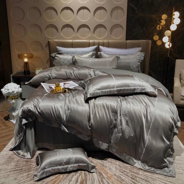 Luxury Satin Bedding Premium Silky Jacquard Floral Leaves Duvet Cover with Zipper closure ultra soft comfor bed sheet pillowcase