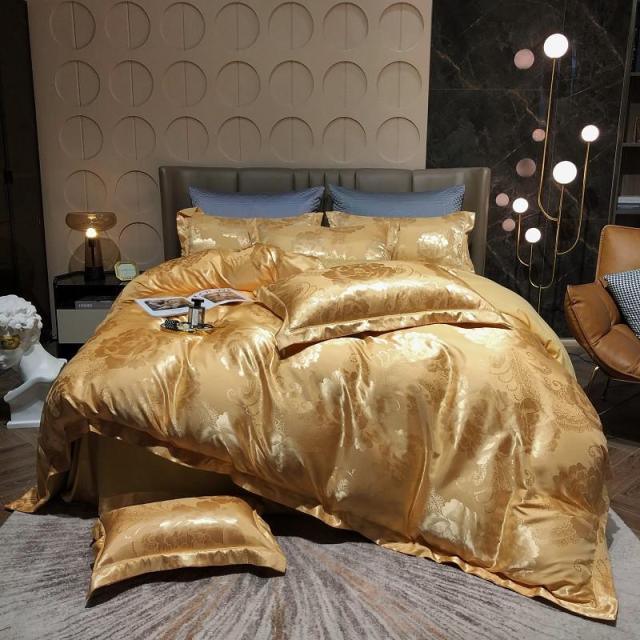 Luxury Satin Bedding Premium Silky Jacquard Floral Leaves Duvet Cover with Zipper closure ultra soft comfor bed sheet pillowcase
