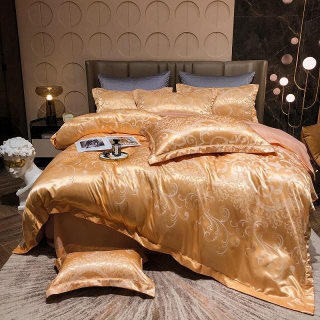 Luxury Satin Bedding Premium Silky Jacquard Floral Leaves Duvet Cover with Zipper closure ultra soft comfor bed sheet pillowcase