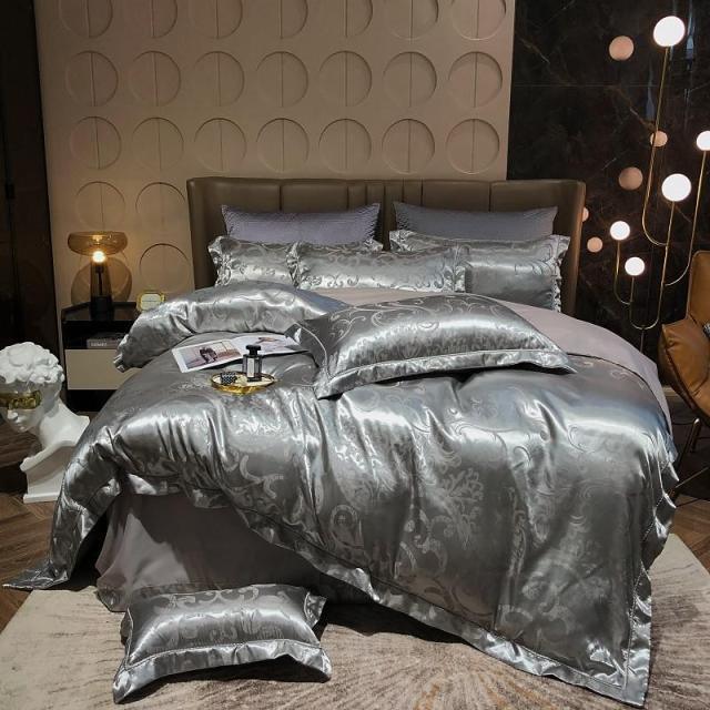 Luxury Satin Bedding Premium Silky Jacquard Floral Leaves Duvet Cover with Zipper closure ultra soft comfor bed sheet pillowcase