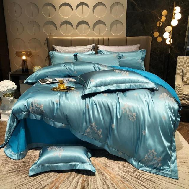 Luxury Satin Bedding Premium Silky Jacquard Floral Leaves Duvet Cover with Zipper closure ultra soft comfor bed sheet pillowcase