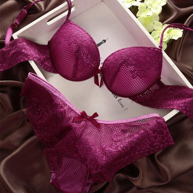 Fashion fashion lace sexy thin deep V-neck push up underwear hot-selling vintage solid color bra set