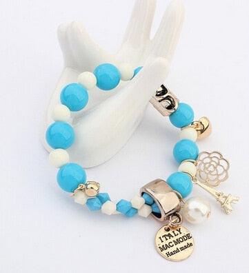 New Arrival Fashion Wrap Cuff Charms Crystal simulated Pearl Beads Hearts Elastic Force Bracelet