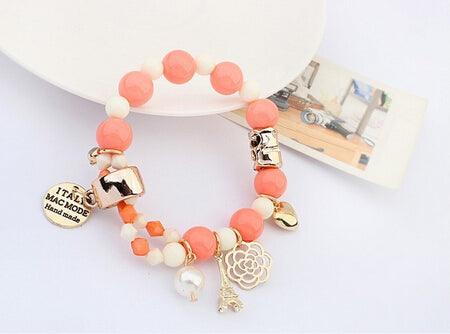 New Arrival Fashion Wrap Cuff Charms Crystal simulated Pearl Beads Hearts Elastic Force Bracelet
