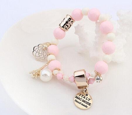 New Arrival Fashion Wrap Cuff Charms Crystal simulated Pearl Beads Hearts Elastic Force Bracelet