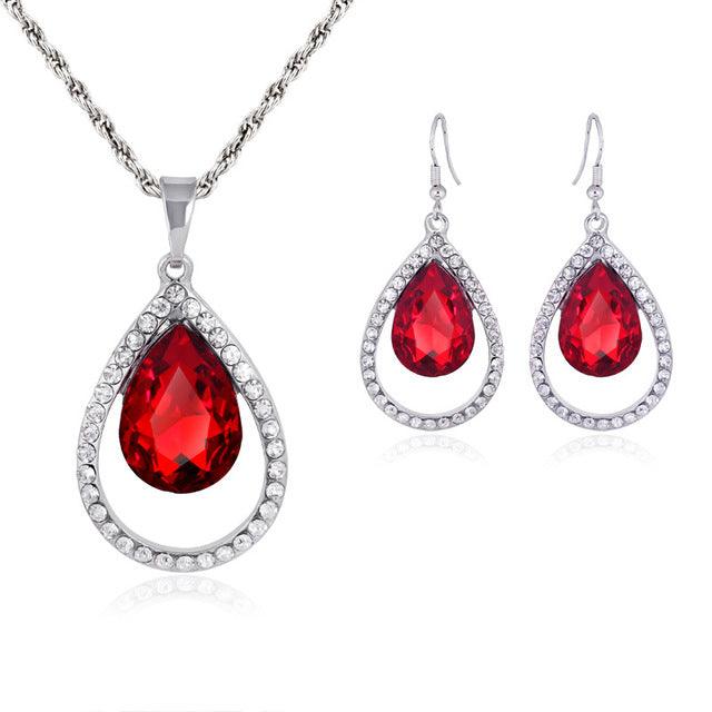 Women Red Crystal Bridal Jewelry Sets Water Drop Shape Pendant Necklace Earrings Set Wedding Accessories