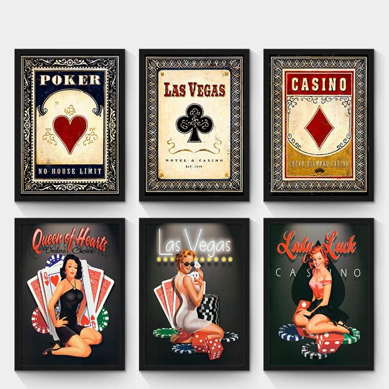 Personality Retro Oil Painting Poker and Sex Girl Canvas Painting Las Vegas Poster and Prints Wall Pictures No Frame