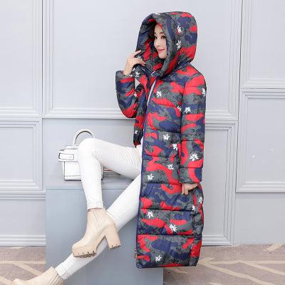 Women Long Coat Fashion Design Print Thick Padded Down Cotton Slim Jacket