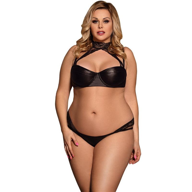 Women Plus size 5XL Intimates Sexy Lingerie Set Special Design Black Leather Lace Halter Bra Set With Bra + Panty + Lace G String
