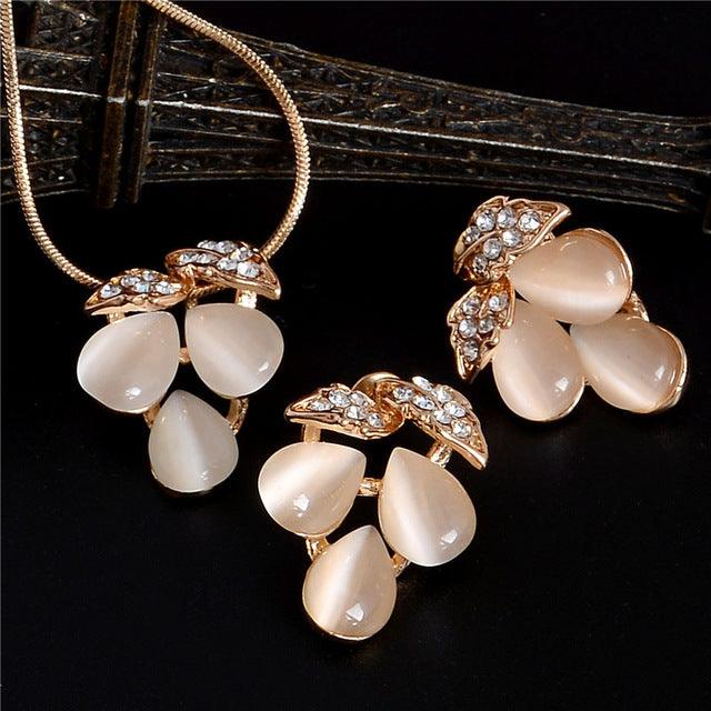 Golden Plated Jewelry Sets For Women Luxury Wedding Bridal Rhinestone Gem Jewelry Set Opal Cat&