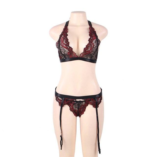 Women Sexy Underwear Set V Neck Lace Lingerie Set With Garter Halter Backless Exotic Apparel
