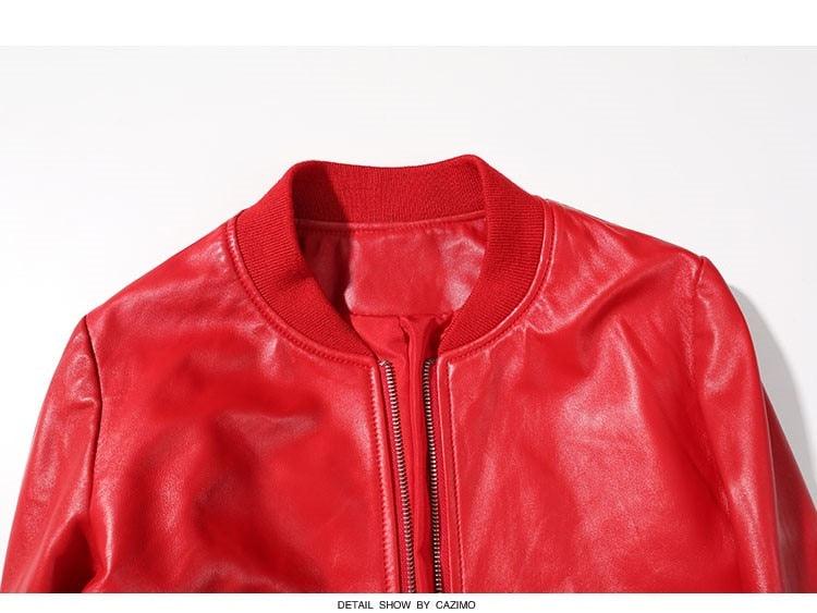 Genuine Leather Jacket Sheepskin Cropped Bomber Jacket Black Red for Women Female Jacket