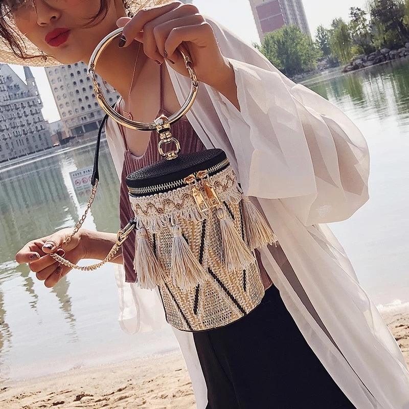 Women Cylindrical Straw Bag Mini Tassel Crossbody Bags Chain Woven Metal Ring Handle Small Shoulder Tote Handbag