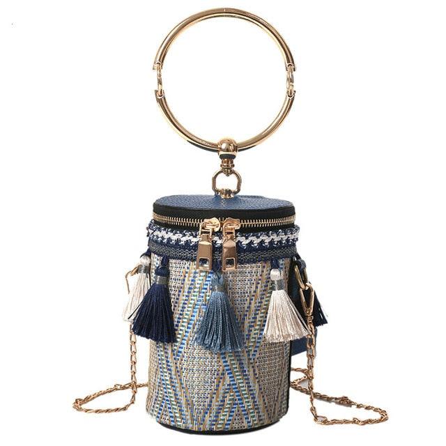 Women Cylindrical Straw Bag Mini Tassel Crossbody Bags Chain Woven Metal Ring Handle Small Shoulder Tote Handbag
