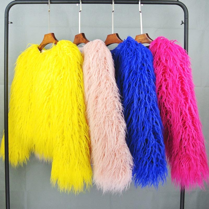 Colorful Boho Furry Faux Fur Coat Plus Size Women Fur Coats Autumn Winter Pink Faux Fur Shaggy Jacket fourrure bontjas