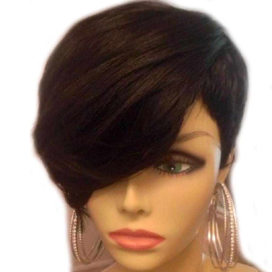 Short Human Hair Wigs With Bangs None Lace Wig Remy 130% 4 Inch