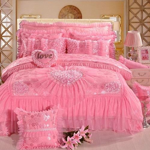 Luxury Red /Pink Lace Wedding Bedding set King Queen Size Bed set Bedspread bed sheet set Decoration Duvet cover juego de cama