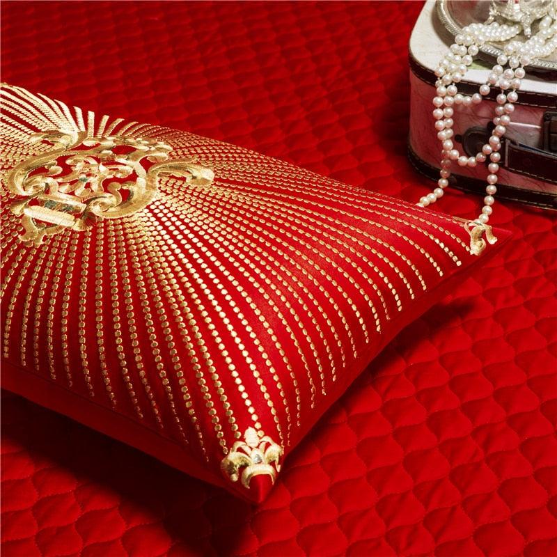 New red lace bedding set Golden embroidery luxury wedding bed set quilt cover bedpread queen King size 4/6/9 pcs