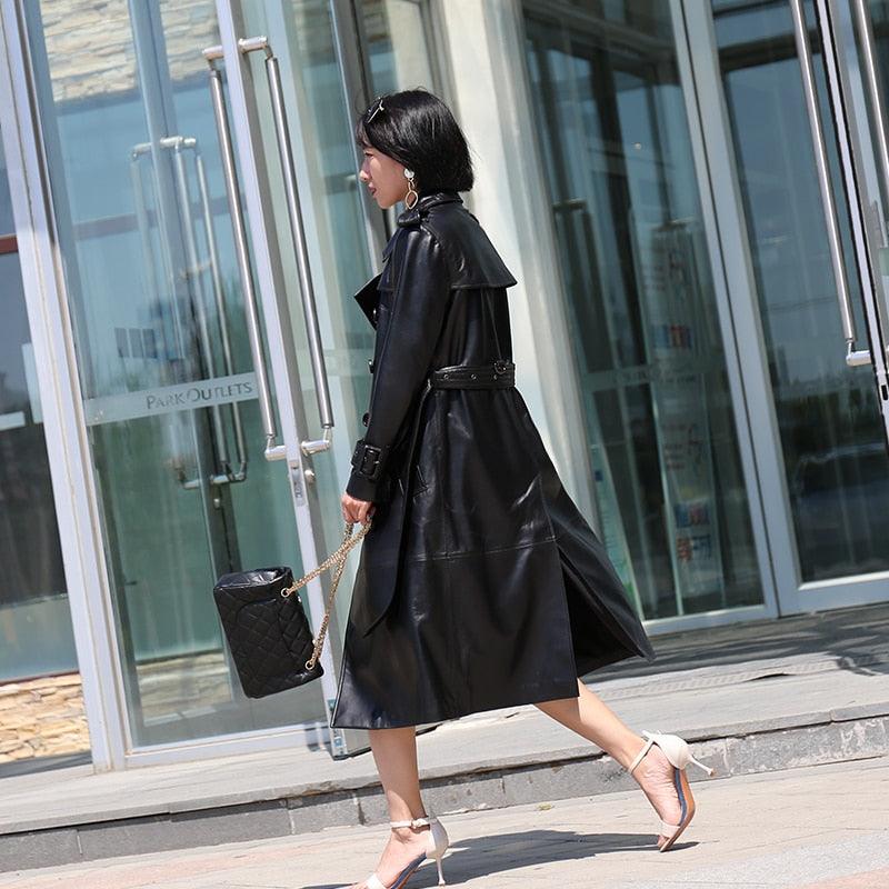 Genuine Leather Trench Coat Women Plus Size Long Coats Ladies Sheepskin Winter 2019 Black Lambskin Trench Coats Female