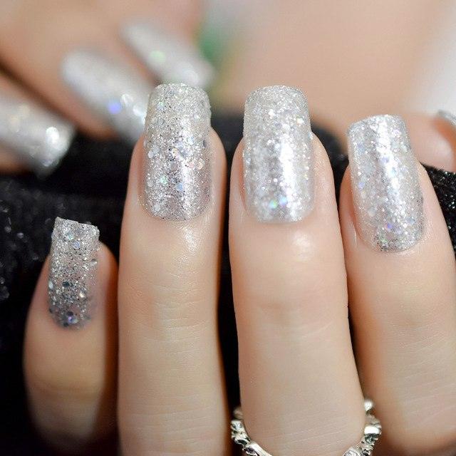 Transparent Acrylic Artificial Nails Silver Glitter Pre-designed Finger Fake Nails with Adhesive Tapes 24