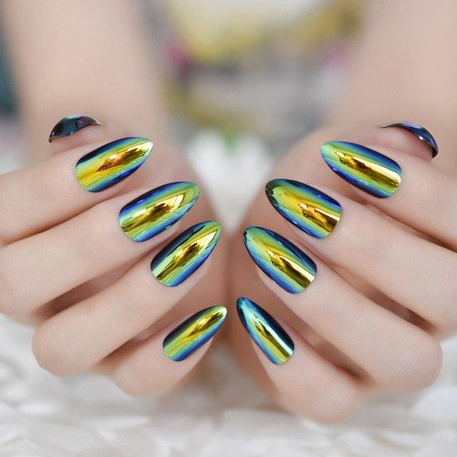 Transparent Acrylic Artificial Nails Silver Glitter Pre-designed Finger Fake Nails with Adhesive Tapes 24