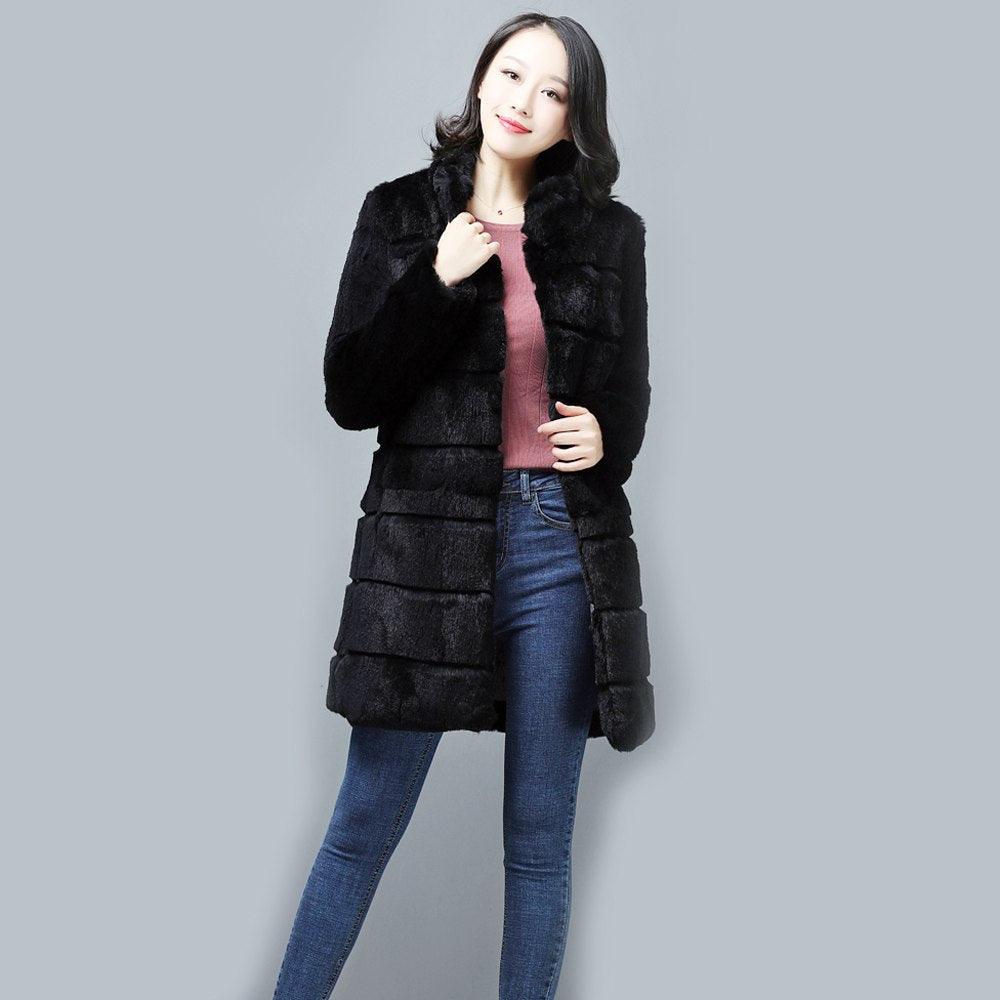 Women Real Rex Rabbit Fur Jacket Long Style Mandarin Collar WinterOvercoat