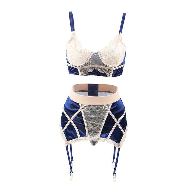 Woman Plus Sizes Sexy Erotic Underwear set Bra+G string+Garter+Steel Ring+Bra Pad Set Open Butt Lace Women Lingerie Set